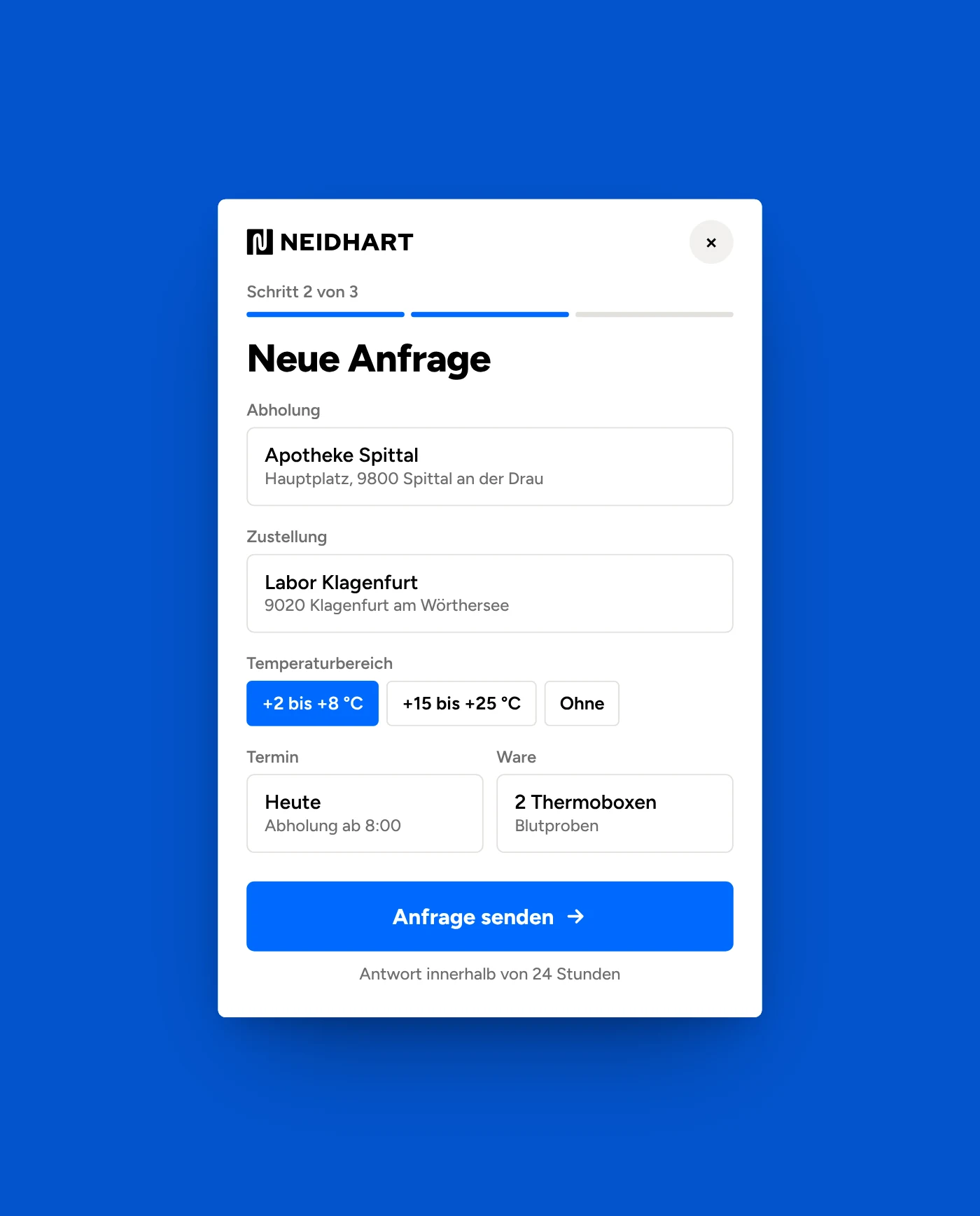 Neidhart Software: neue Anfrage von der Apotheke Spittal ans Labor Klagenfurt bei +2 bis +8 °C
